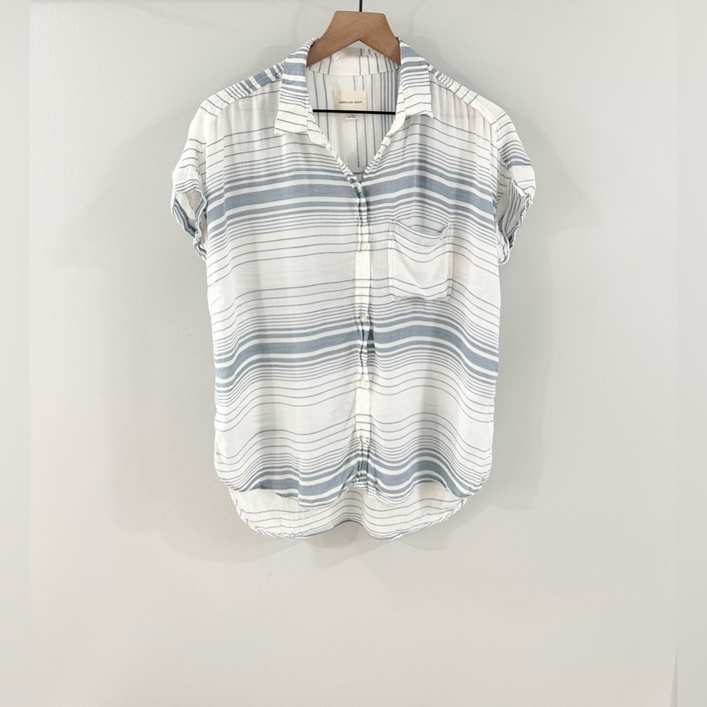 American Eagle Button Front Blouse Blue Stripe Si… - image 1